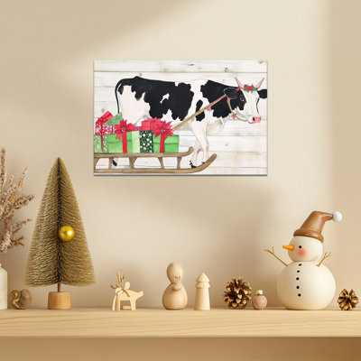 «Farmhouse Christmas Cow», art mural sur toile - vache d'hiver des Fêtes, peinture avec traîneau et cadeaux