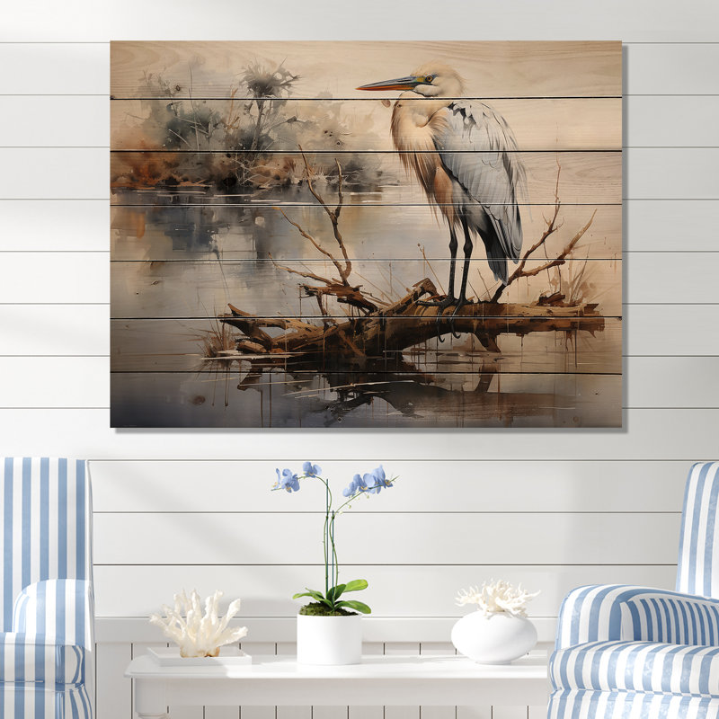 Héron au lac Horizon - Héron, art mural sur bois de pin naturel, H 30 po x l 40 po