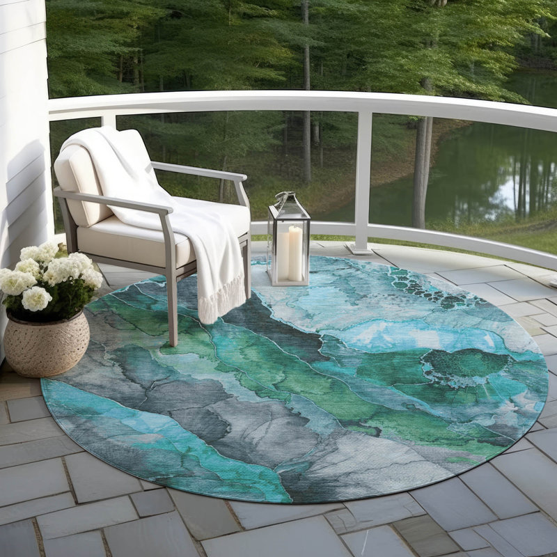 Tapis bleu sarcelle lavable à la machine intérieur / extérieur Xhevrie, Rond 8 pi
