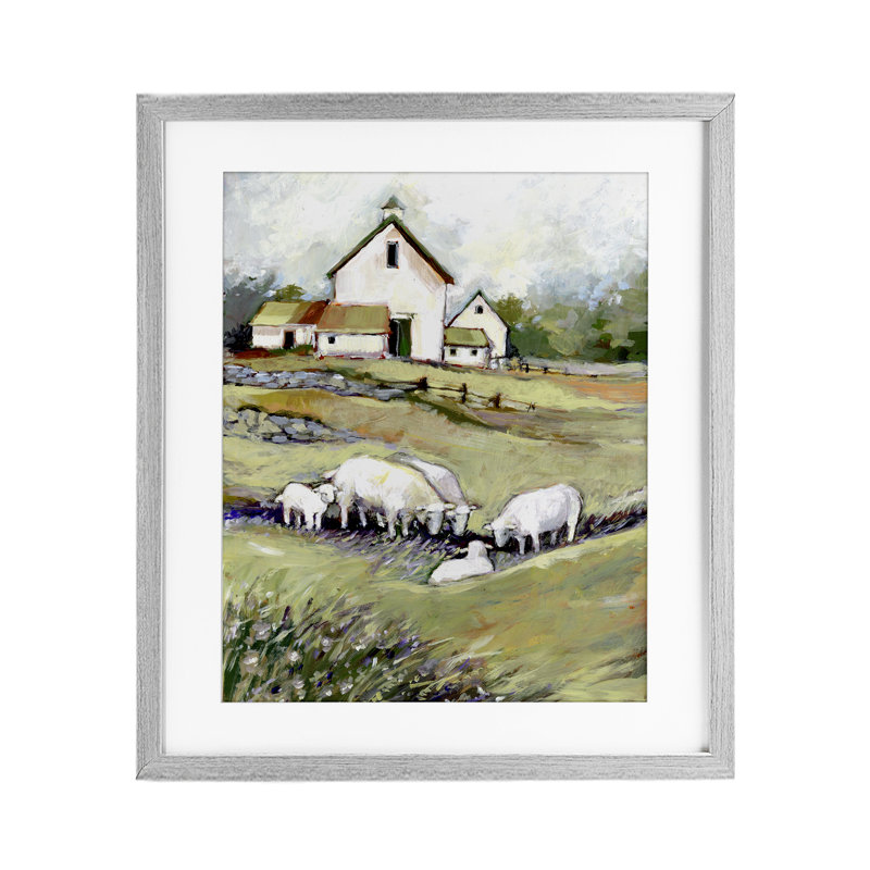 «Barn with Grazing Sheep», reproduction sous verre encadrée, conception de Susan Winget, Cadre de ferme gris