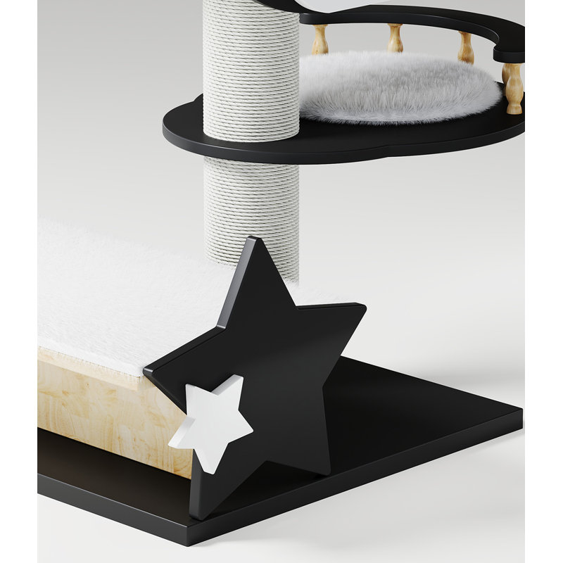 Solid Wood Cat Tree Tower with Cat Condo, Multi-Level Cat Tree for Indoor Cats, Modern Wooden Cat Furniture Moon and Star Design, Plush Perches and Sisal Scratching Posts, 38.6", Black