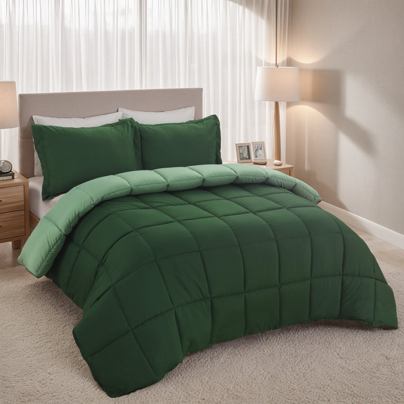 3pc Comforter Set - All Season Reversible Down Alternative Comforter with Two Shams - Breathable, Soft, Fluffy, Green