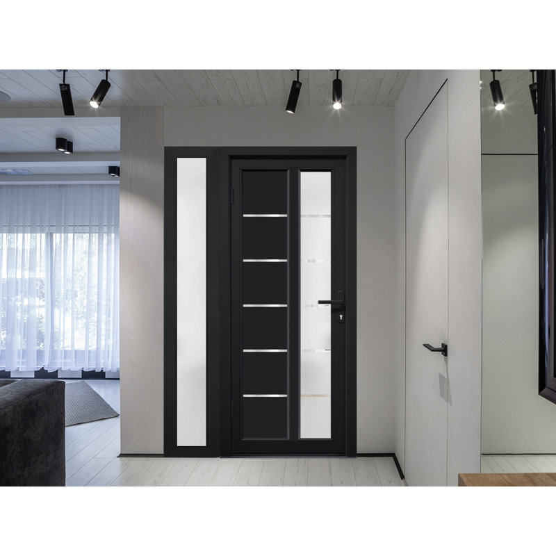 Façade extérieure pré-montée Fibre de verre porte givrée / Manux 8088 noir mat / Fenêtre latérale extérieure / Bureau Portes d'entrée commerciales et résidentielles Garage de garage - l 36 po x H 80 po - droitier
