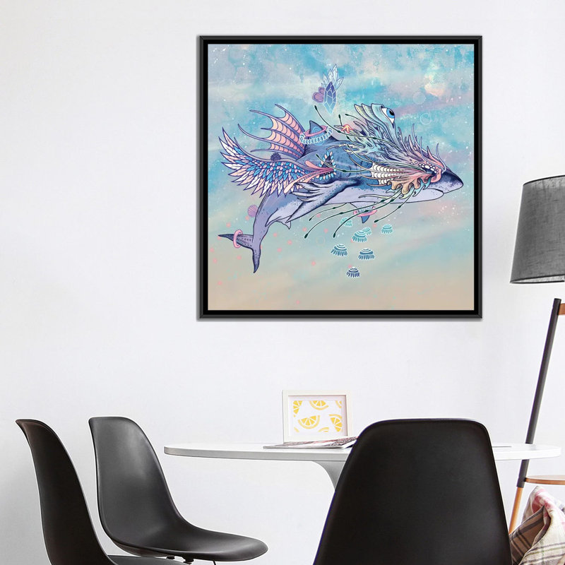 « voyageing rites requin », impression sur toile, H 18 po x l 18 po x P 1,5 po, Toile avec cadre noir, Pas de tapis