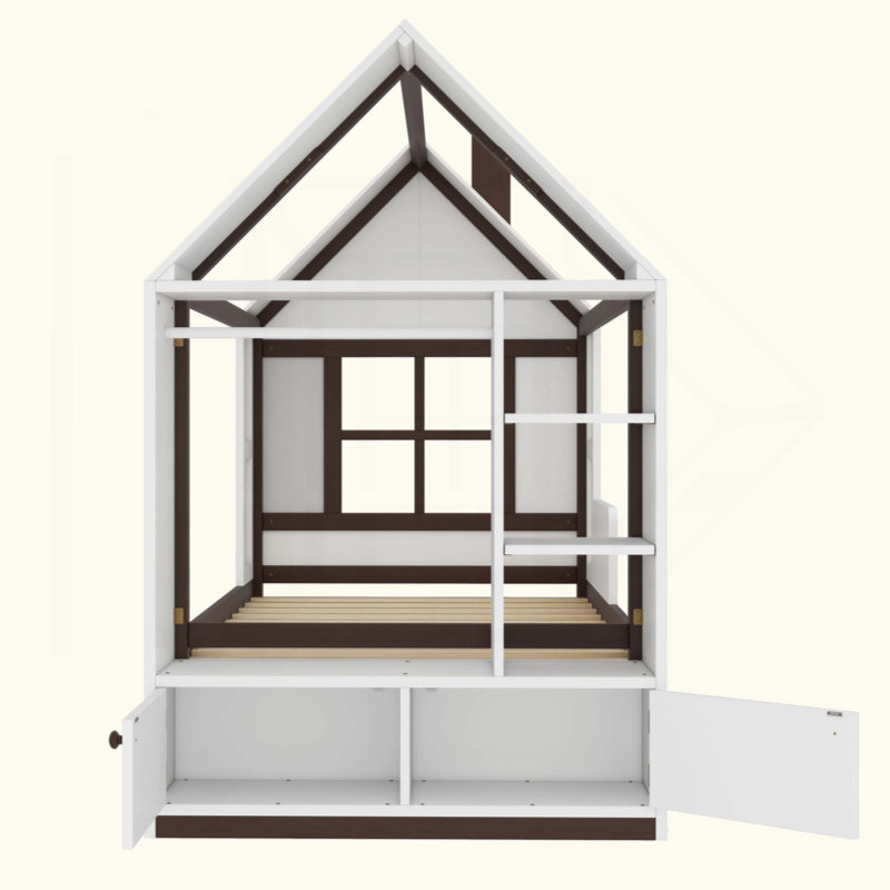 Lit plateforme House avec tiroirs, lit maison en bois massif avec tablettes, conception enfantine, Blanc antique, espresso