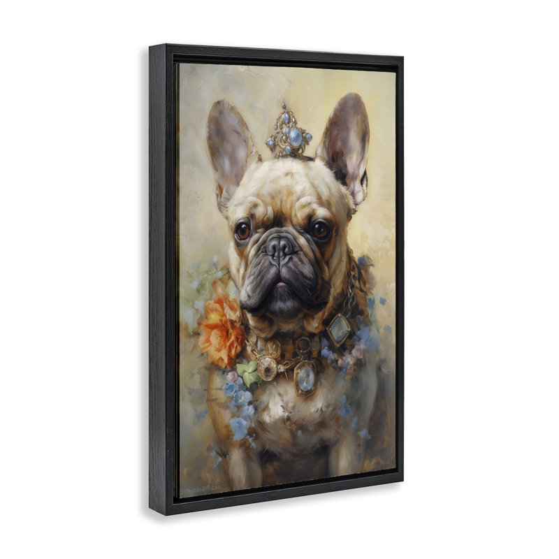 Bouledogue français avec cadre flottant à bijoux, conception de Wumples, H 25 po x l 17 po, Cadre flottant noir de jais