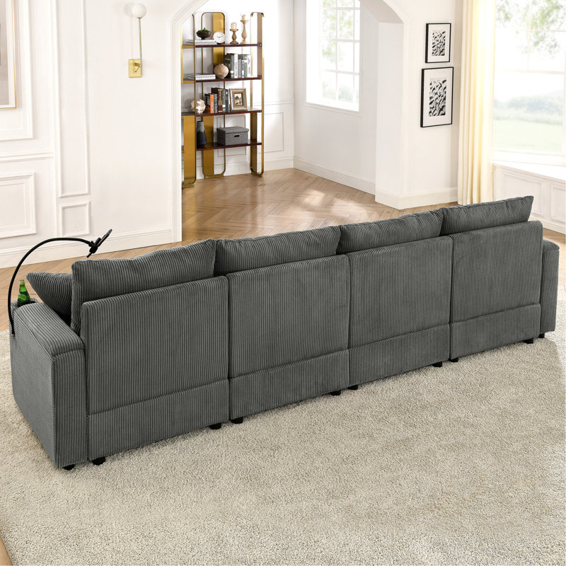 Moderne 4 sièges avec rangement, velours côtelé beige, siège profond de 22,5 po, support pour le corps, ports de charge pour support de téléphone de salon,