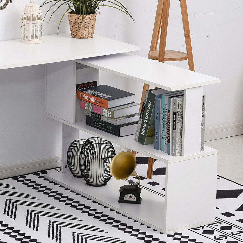 Bureau en L avec tablettes de rangement, Blanc