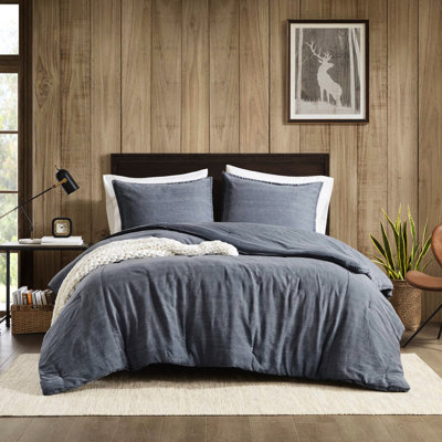 Édredon en sergé lavé très grand / très grand 3 pièces, 100% coton bleu, rembourrage toutes saisons, douceur moelleuse et confortable
