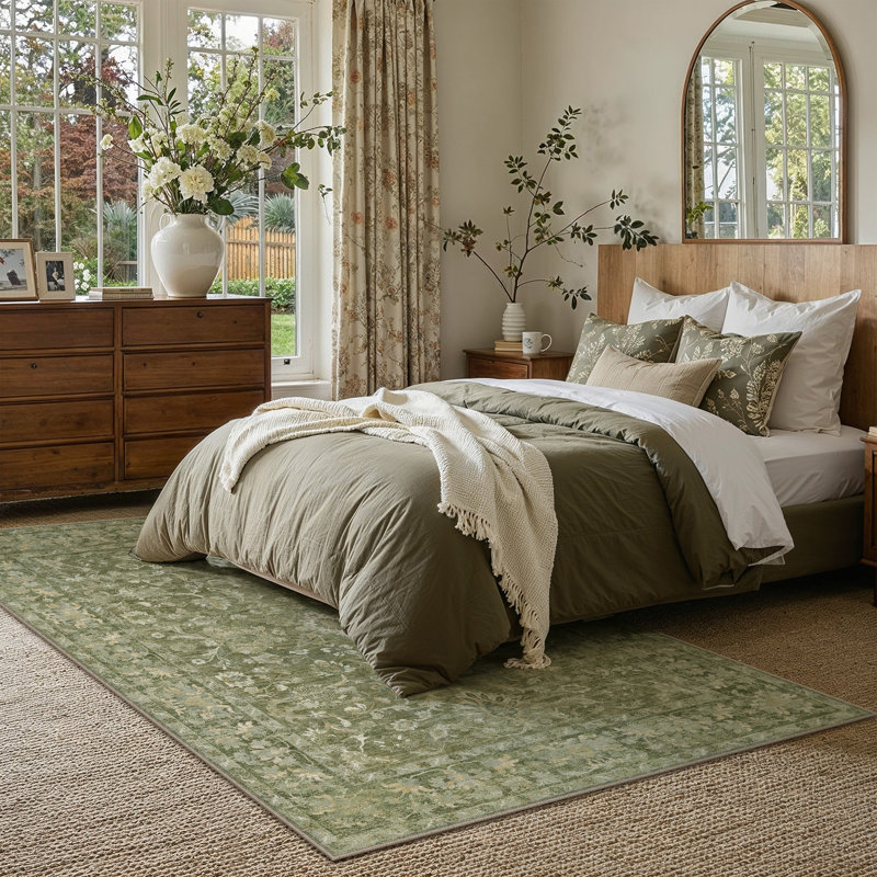 Tapis floral lavable à la machine avec envers antidérapant Veyra, Vert, Rectangle 5' x 7'