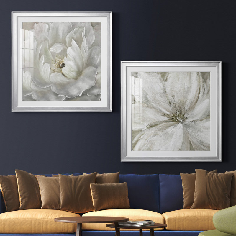 Pivoine parfaite - ensemble de 2 cadres photo sur papier, H 30,5 po x l 61 po x P 1,5 po, Papier avec cadre argenté, Blanc
