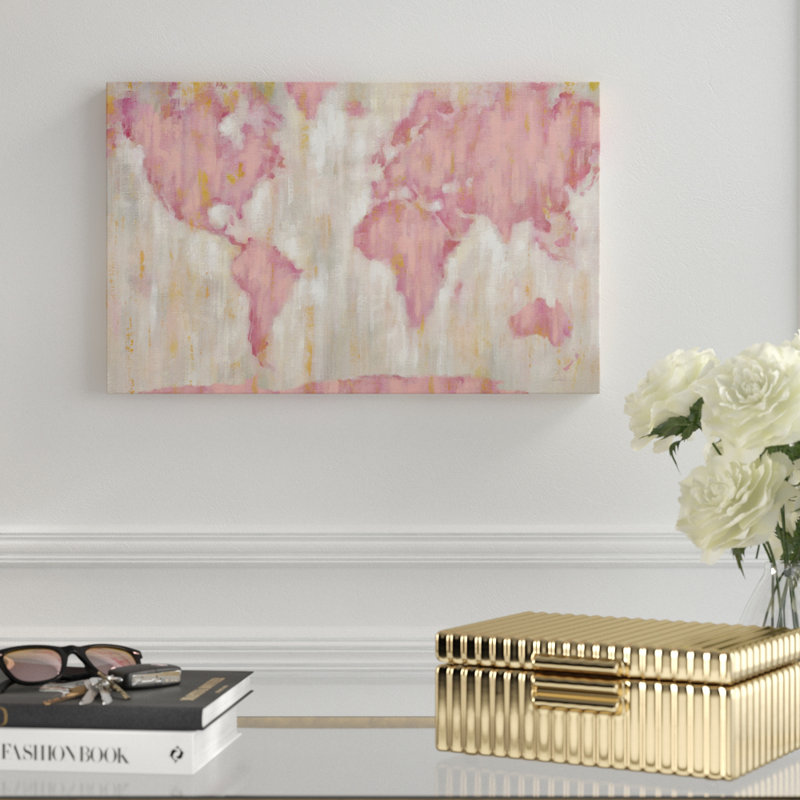 «Blush World Map v2 Crop», reproduction de peinture acrylique sur toile tendue, H 30 po x l 47 po x P 2 po