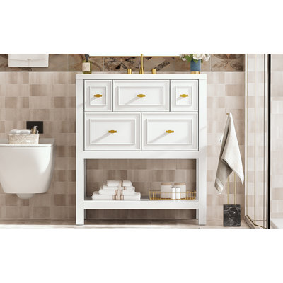 Bathroom Vanity with Resin Sink Combo with 5 Drawers and open shelf -  Everly Quinn, 09529BCF3DC04A9BB543F25F80D7A7F5