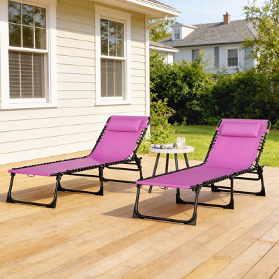 Folding Chaise Lounge Chair Set of 2, Patio Sun Tanning Chair, Outdoor Chaise Lounger with 4-Position Reclining Back, Breathable Mesh Seat for Beach, Poolside, Yard, Purple