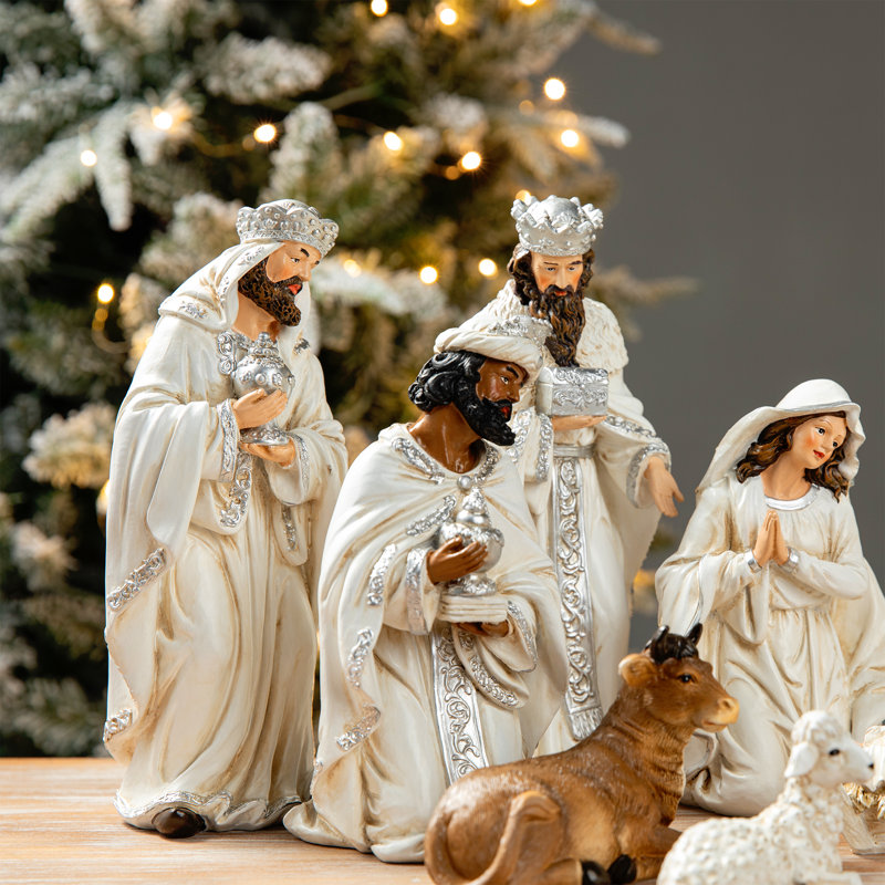 12pcs Ivory Resin Nativity Figurine Set, 10" H x 26" W x 4" D, Ivory