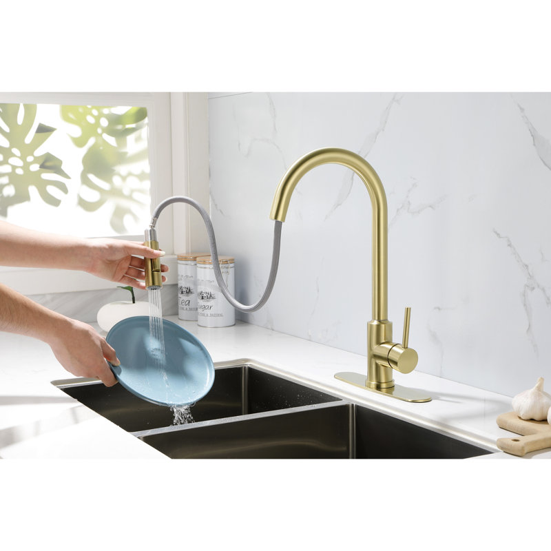 Robinet de cuisine rétractable en acier inoxydable doré - Buse haute pivotante à 360 °, poignée simple pour un ajustement facile de la température et du débit de l'eau Profondeur, largeur 10,24, 9,14