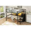 Lit mezzanine double en métal avec bureau, escalier de rangement, petite armoire et éclairage à DEL-1266282635
