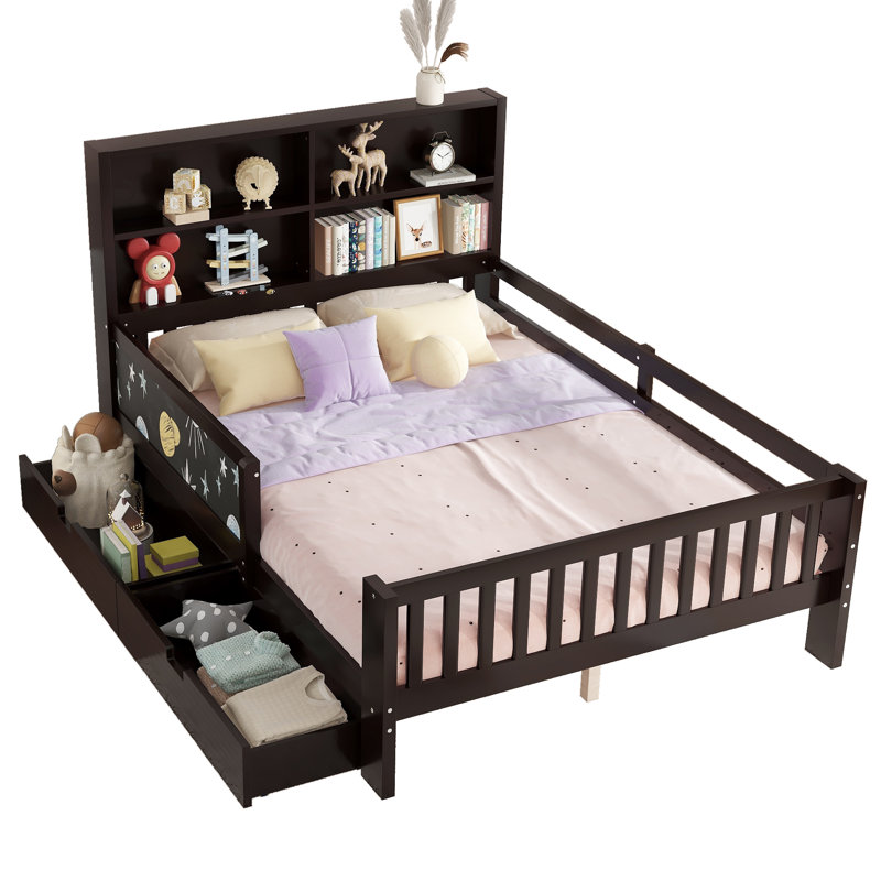  Lit plateforme avec tête de lit à tableau noir, lit pour enfant avec tiroirs et tablettes, conception compacte et rangement créatif