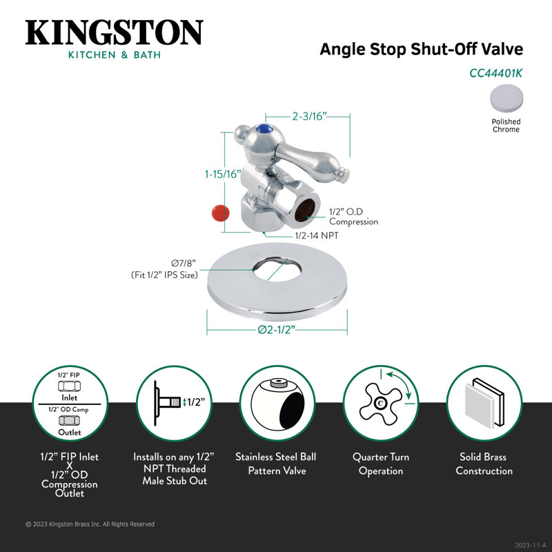 Kingston Brass 1/2-Inch FIP x 1/2-Inch OD Comp Quarter-Turn Angle Stop Valve with Flange, Polished Chrome