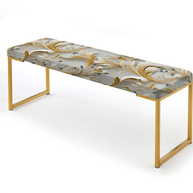 Banc rembourré damassé doré, Vintage Scrollwork Elegance Antique Gold