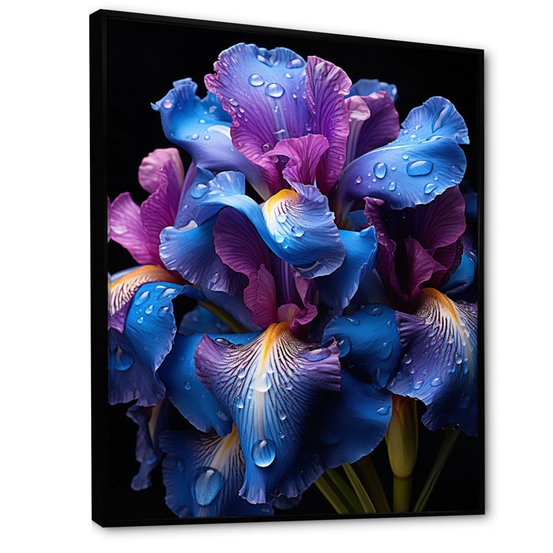 Iris mauve bleu irisé - art mural floral, salon, H 32 po x l 24 po x P 1 po, Cadre flottant noir