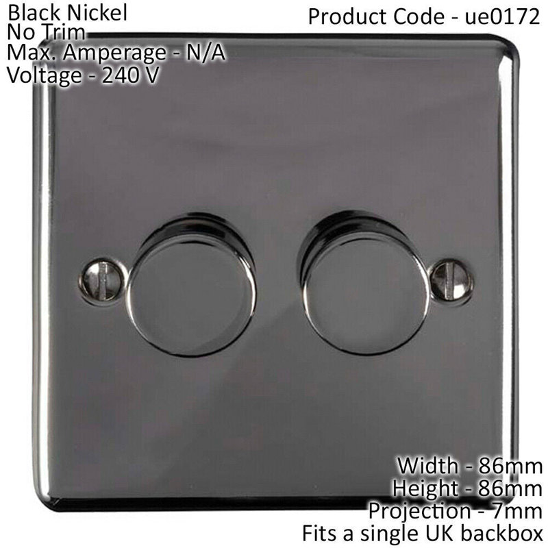 2 Gang 400W 2 Way Rotary Dimmer Switch CHROME Light Dimming Wall Plate, Satin Black, Black