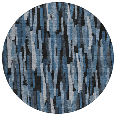 8' Blue Black And Gray Round Striped Washable Indoor Outdoor Area Rug
