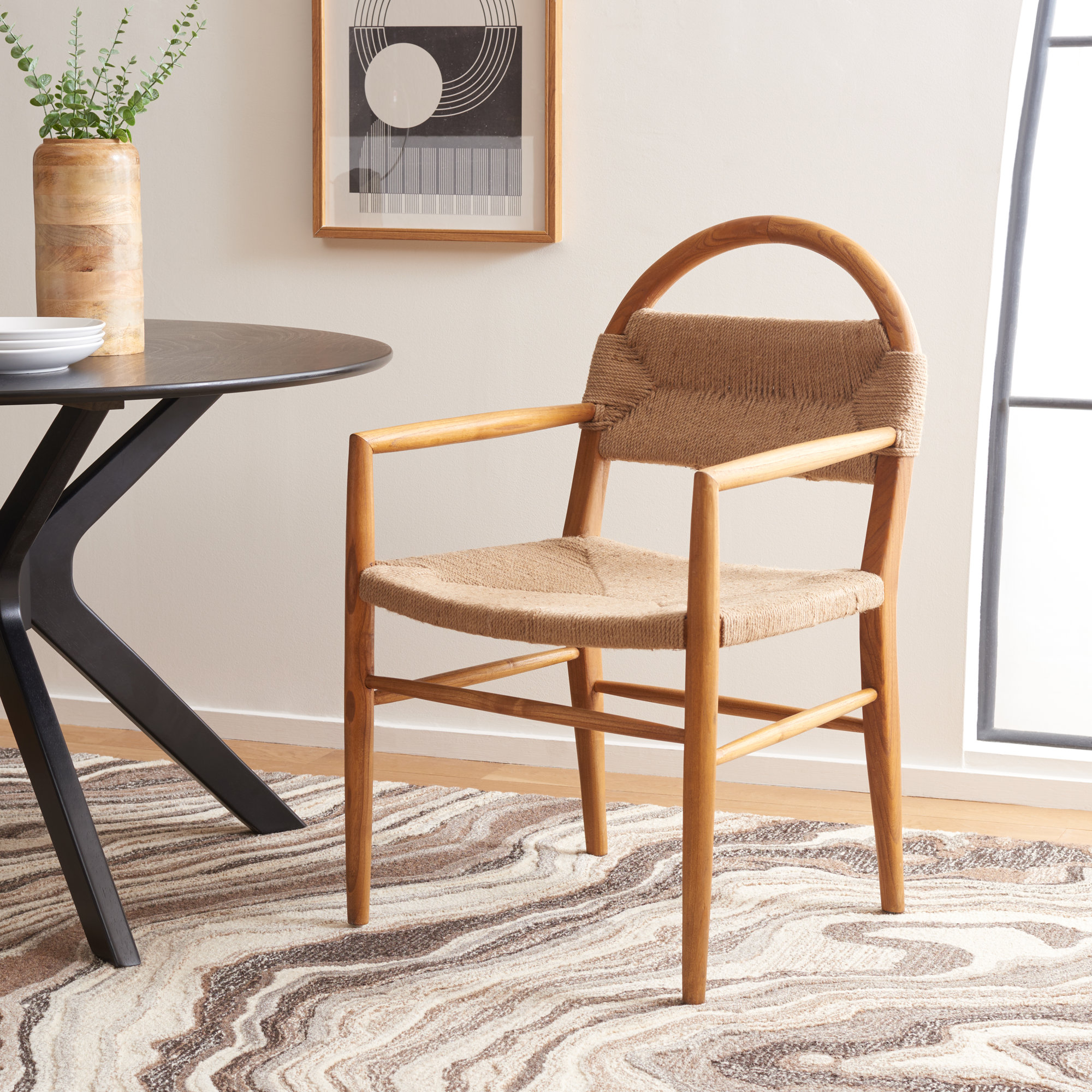 Kashmir Solid Wood Arm Chair, Beige, Brown
