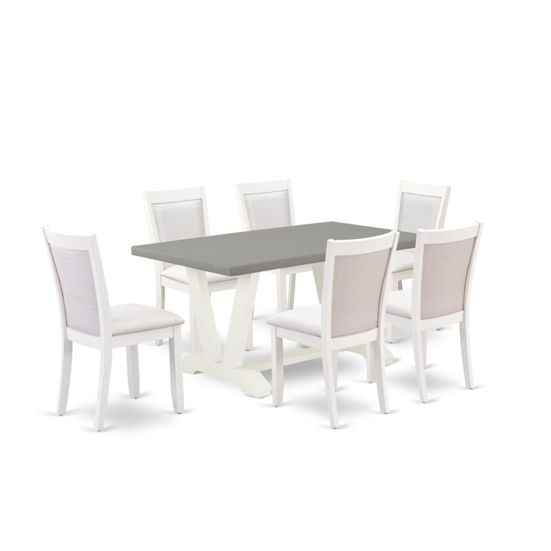 7-Piece Rectangle Wire Brushed Solid Wood Top Dining Table with 6 Chairs with Lattice Back, Cream