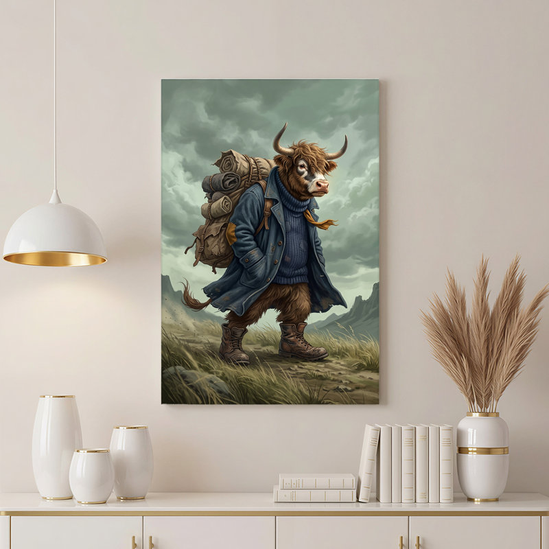 Highland Cow Hiker avec manteau bleu et sac à dos, art mural, H 18 po x l 12 po