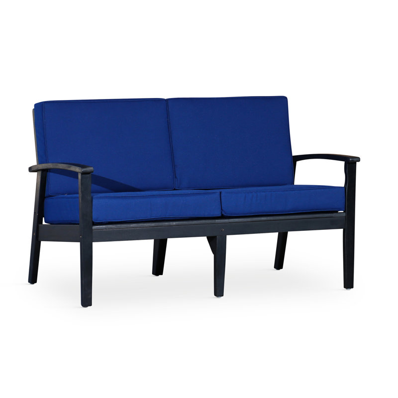 Causeuse en eucalyptus avec coussins, finition espresso, coussins bleu marine