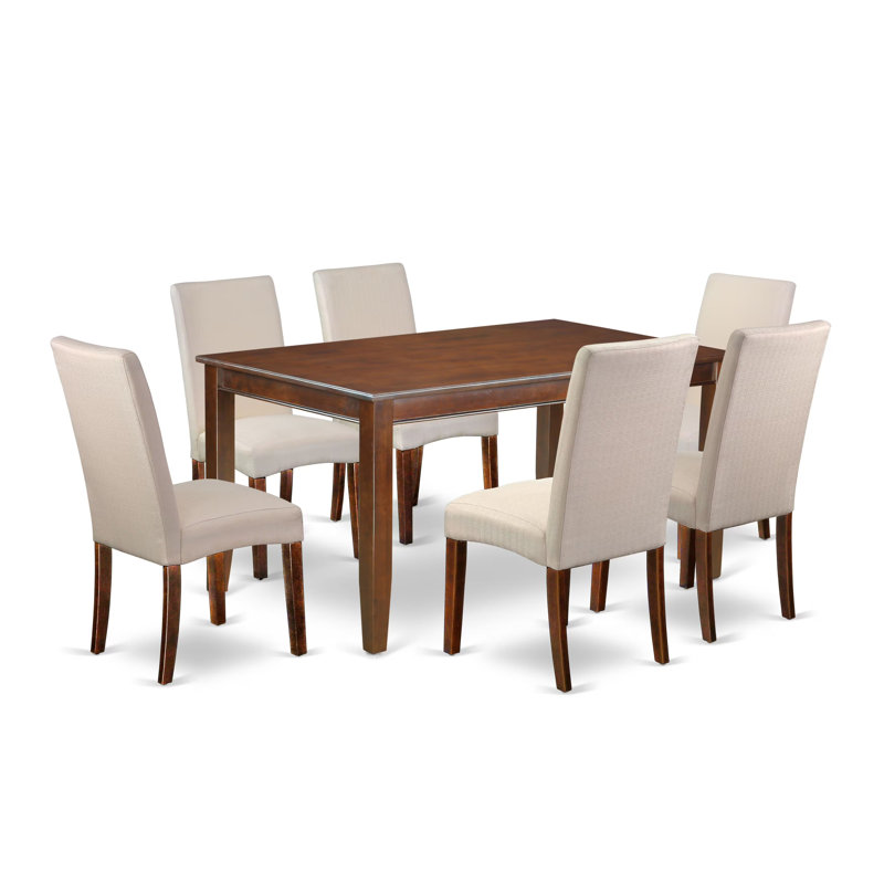 7Pc Rectangular 60 Inch Dining Table And Six Parsons Chairs With Mahogany Finish Legs And Linen Fabric- Cream Color, Cream, 7