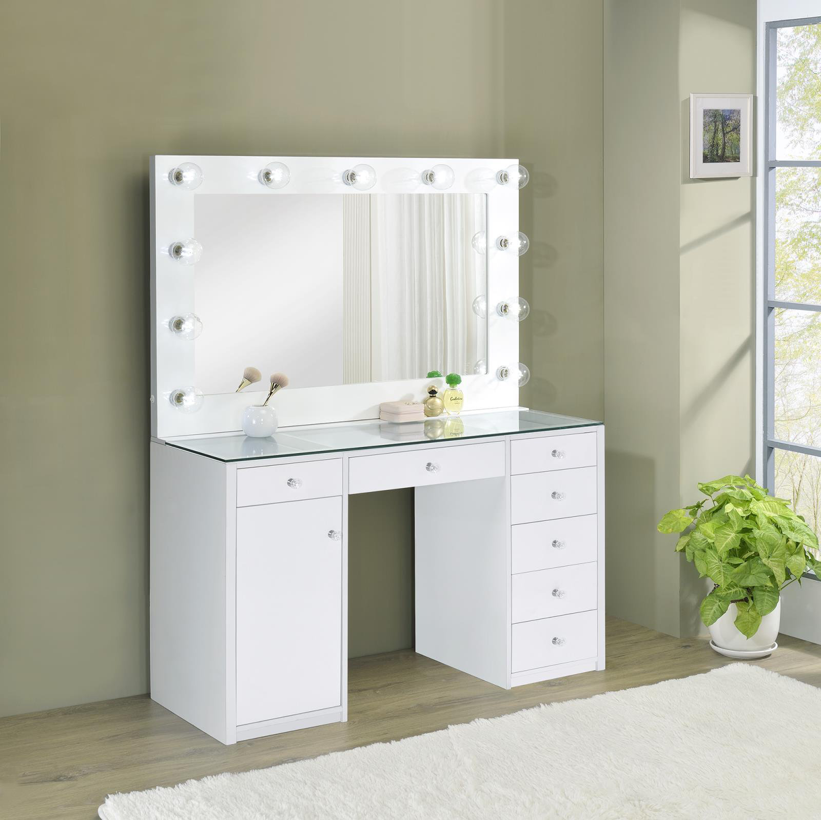 Impressions Vanity Desk with Mirror and Lights, Makeup Desk Slaystation PRO  2.0 with Clear Tempered Glass Top and 3 Drawers, Bedroom Makeup Vanity