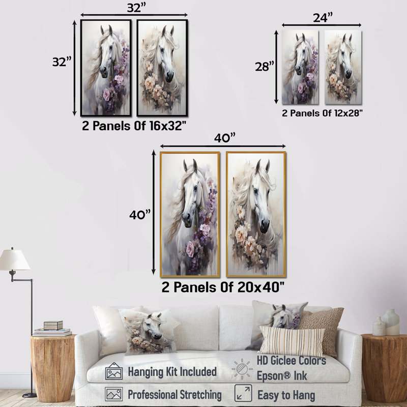 «Majestic Flower Beauty Horse», ensemble de 2 décorations murales cheval, H 28 po x l 25 po, Toile tendue
