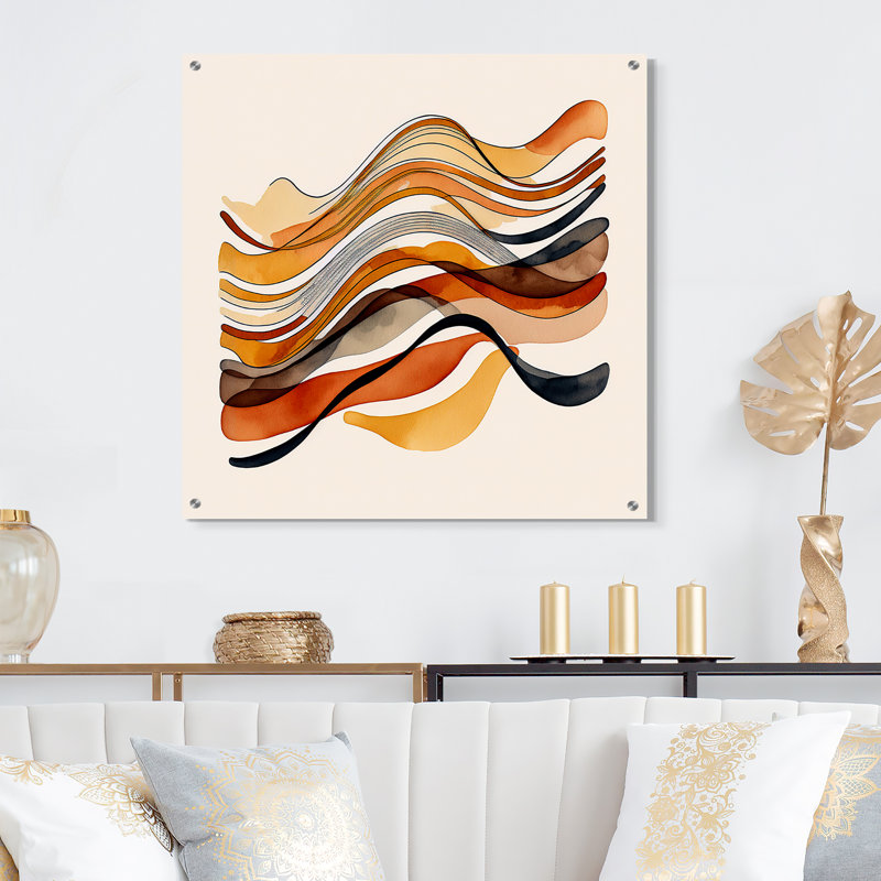 «Burnt Orange Waves Abstract I», art mural abstrait en minimalisme, H 16 po x l 16 po