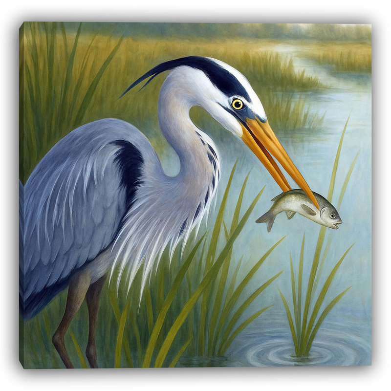 «Blue Heron in Lush Wetlands», art mural sur toile, H 20 po x l 20 po