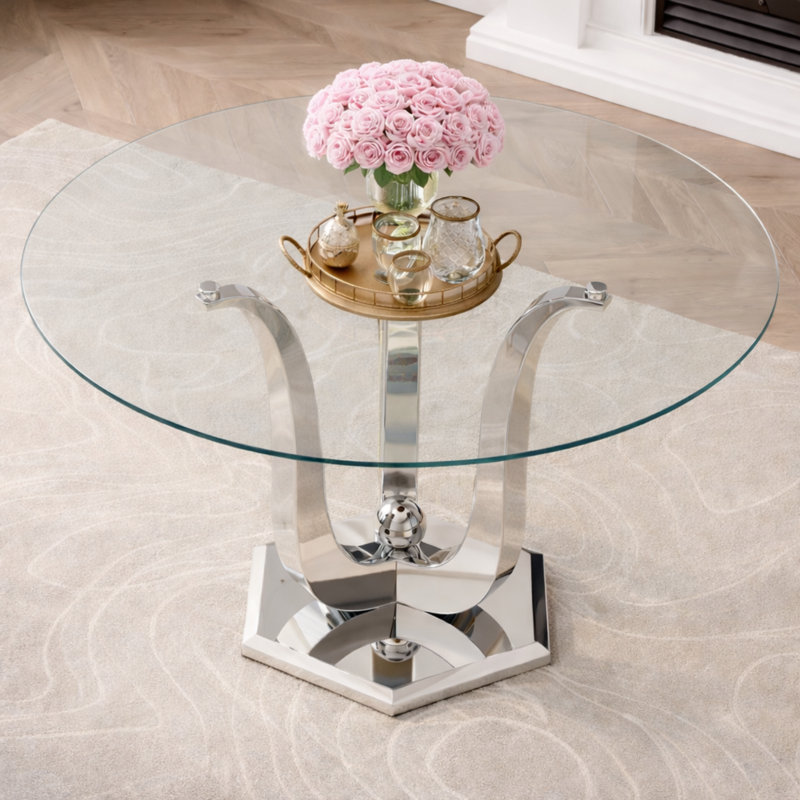 Table de salle à manger ronde 47,2 "en verre pour 4-6, table de salle à manger ronde en verre épais de 0,31" avec base en acier inoxydable