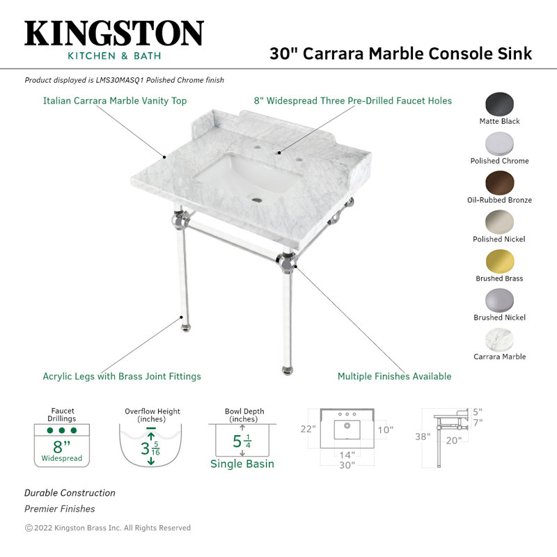 Kingston Brass Pemberton 30-Inch Carrara Marble Console Sink with Acrylic Legs (8-Inch, 3-Hole), Marble White/Brushed Nickel