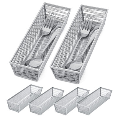 Rangement à argenterie, argent, 9 * 3 * 2 pouces, paquet de 6 | Organisateur de tiroir en filet, organisateur d'ustensiles en métal, pour couverts, couteaux, cuillères, cosmétiques