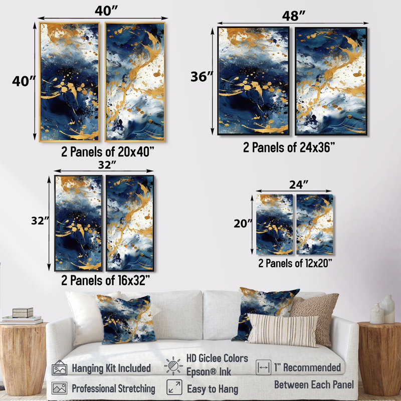 Bleu foncé et or abstrait X - décoration murale moderne 2 panneaux, Black, 36" H x 48" W, Impression encadrée flottante