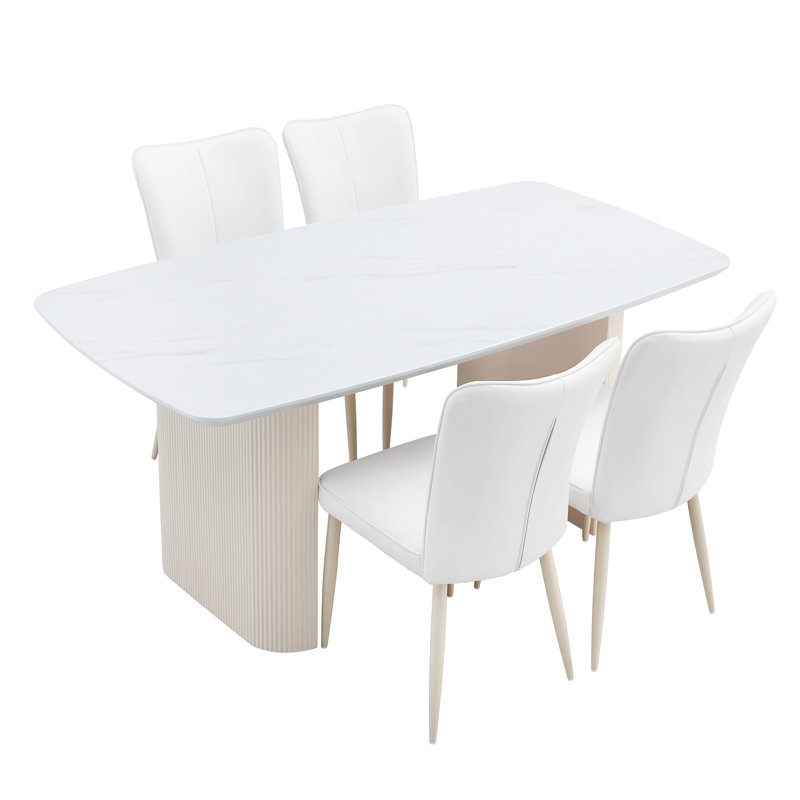 Rectangle Marble Top Double Pedestal Dining Table Set, 5