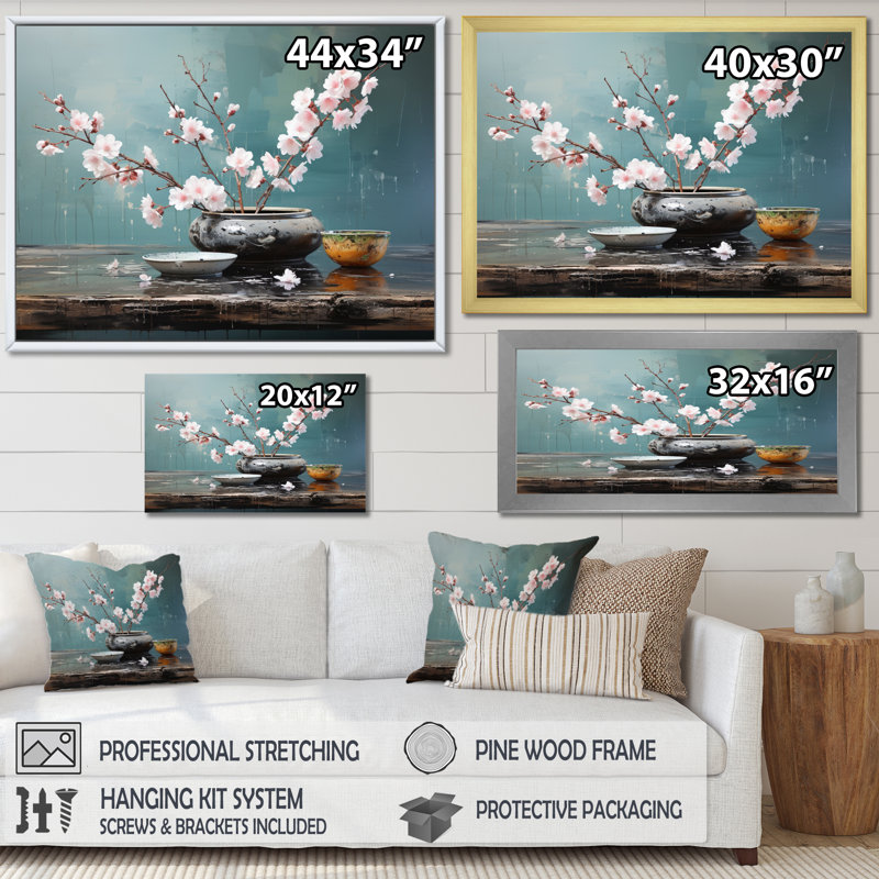 Art asiatique, jardin zen, art mural asiatique, Cadre flottant doré, 16" H x 32" W