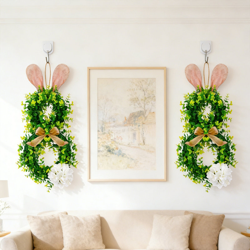 2 pièces couronne de lapin de Pâques pour porte d'entrée Oreilles de lapin mignonnes verdure artificielle couronne de buis avec nœud en lin et hortensia blanc pour porte