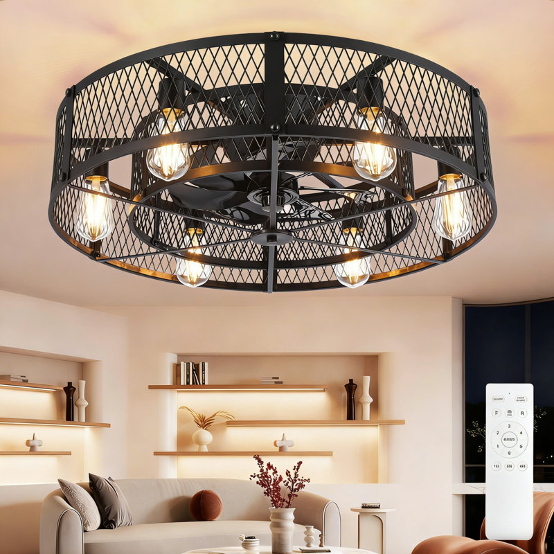 Ventilateur de plafond encastré noir 26 po avec éclairage, télécommande, moteur CC réversible à 6 vitesses, Fandelier rustique avec 4 ampoules E26 incluses