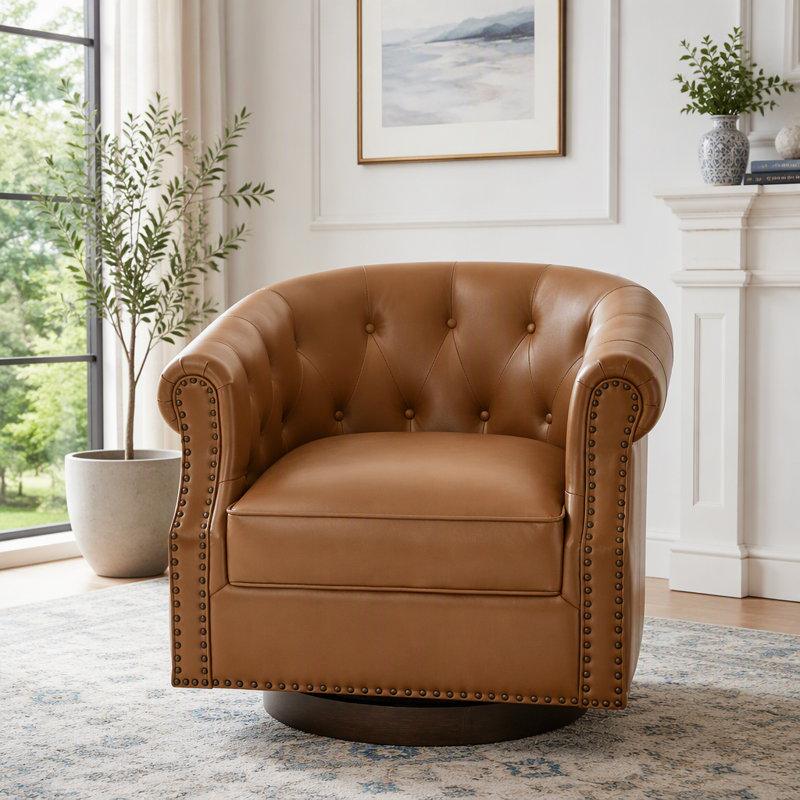 Fauteuil d'appoint pivotant à 360 ° en similicuir avec dossier courbé et base en bois cintré, Brun