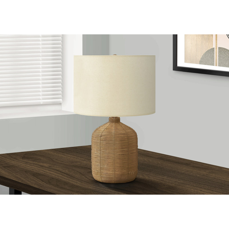 Lighting, H 23 po, lampe de table, rotin brun, abat-jour beige, moderne