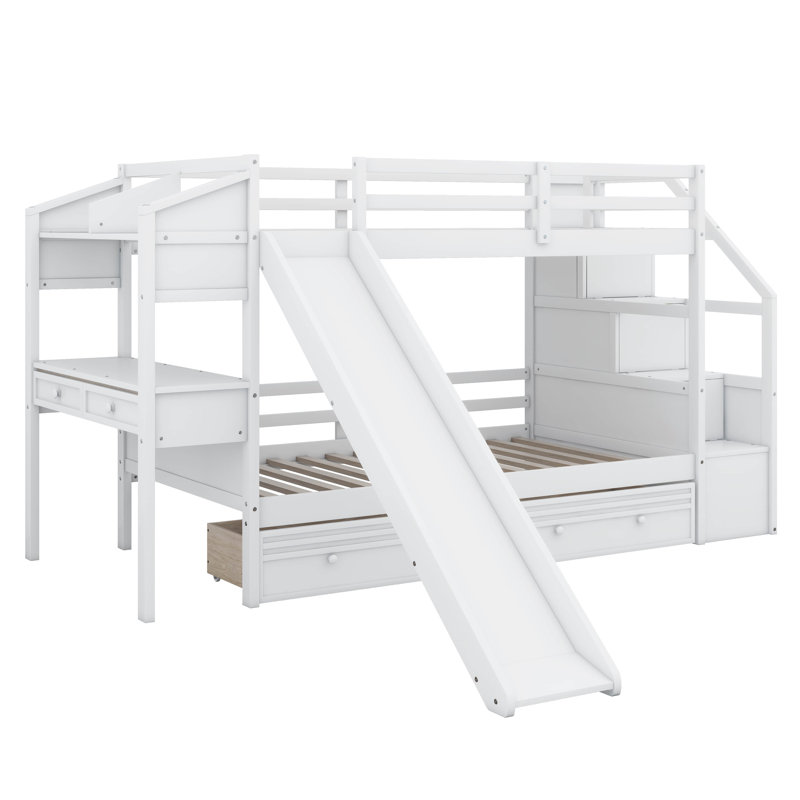 Lit superposé simple au-dessus de simple avec escalier, glissade, bureau, lit superposé en bois massif avec tiroirs de rangement et tablettes, pour enfants, adolescents, adultes