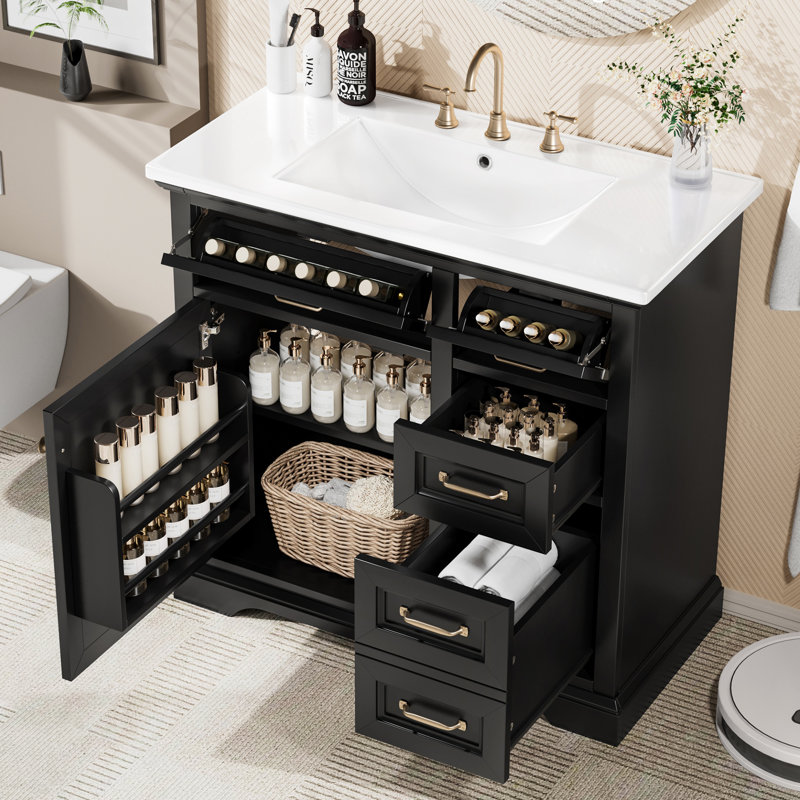 36" Bathroom Vanity With Sink, Ceramic Sink, 2 Tip-Out Drawers, Soft Close Door Hinges, Bathroom Vanity, Black/Gold 