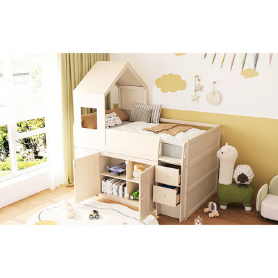 Beige Twin Size Loft Bed With Pull - Out Desk, Storage Drawers And Enclosed Cabinets For Small Bedrooms Solutions Structure