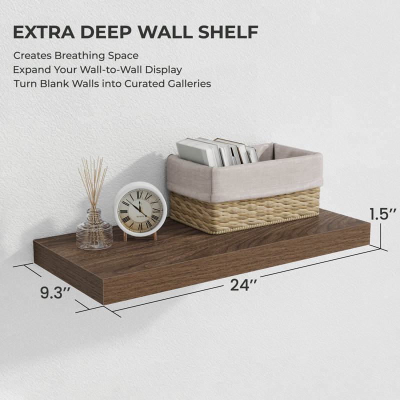 2-Piece Floating Wall Shelves, 9.3" Deep, Wall-Mounted Design, 1.5" H x 24" W x 9.3" D, Walnut